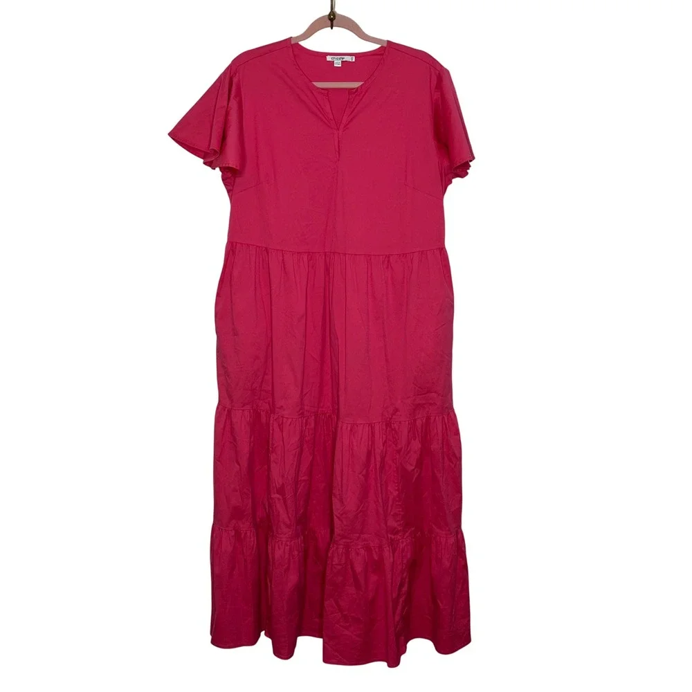 Chico's Maxi Dress Size 14 / 2.5 Hot Pink Tiered Skirt Pockets Summer Preppy - Picture 1 of 11